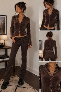 VS Sport Brown Velvet Button Down Top Women's Small Y2K Soft Girl 90s Stretch